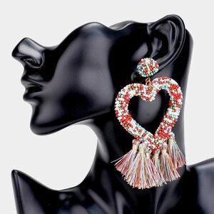 Seed Bead Heart Multi Tassel Earrings